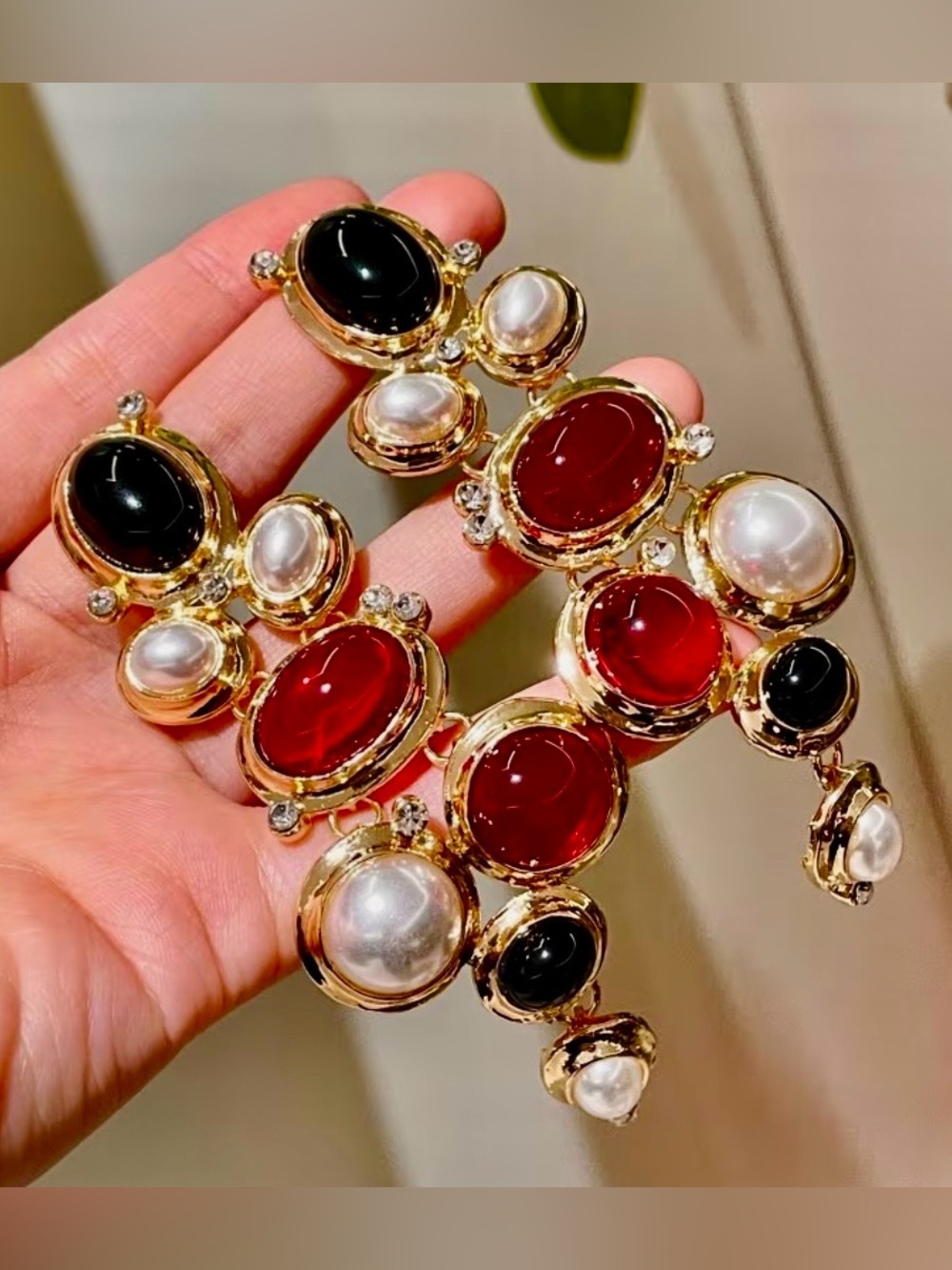 Vintage Glam Statement Earrings | Red, Black & Pearl Drop | Gold Tone - Picture 3 of 4